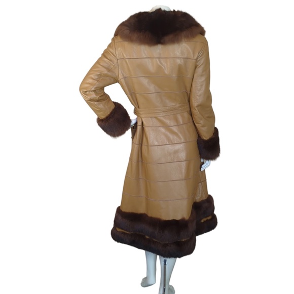 Vintage 70s Tan Leather Belted Coat Brown Faux Fur Trim | Boho Glam Statement - Picture 5 of 16
